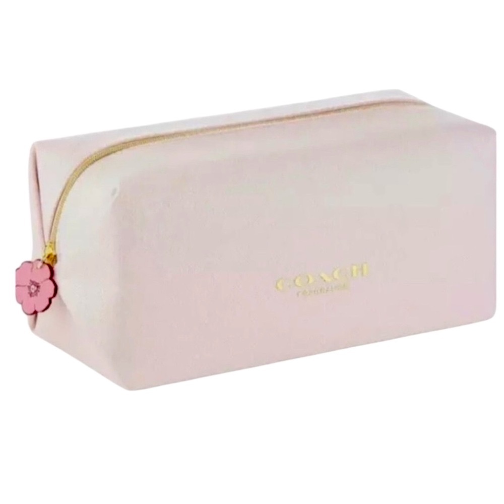 NWT Coach Blush Pink Shimmer Cosmetic Toiletry Pouch. Flower Zipper Pull.